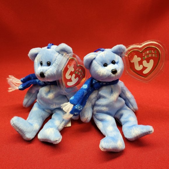 1999 Holiday Teddy The Blue Bear Ty Jingle Beanies Plush Ornament Set of 2 - Picture 3 of 13
